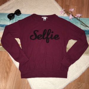 Purple Snow Selfie Print Burgundy Sweater